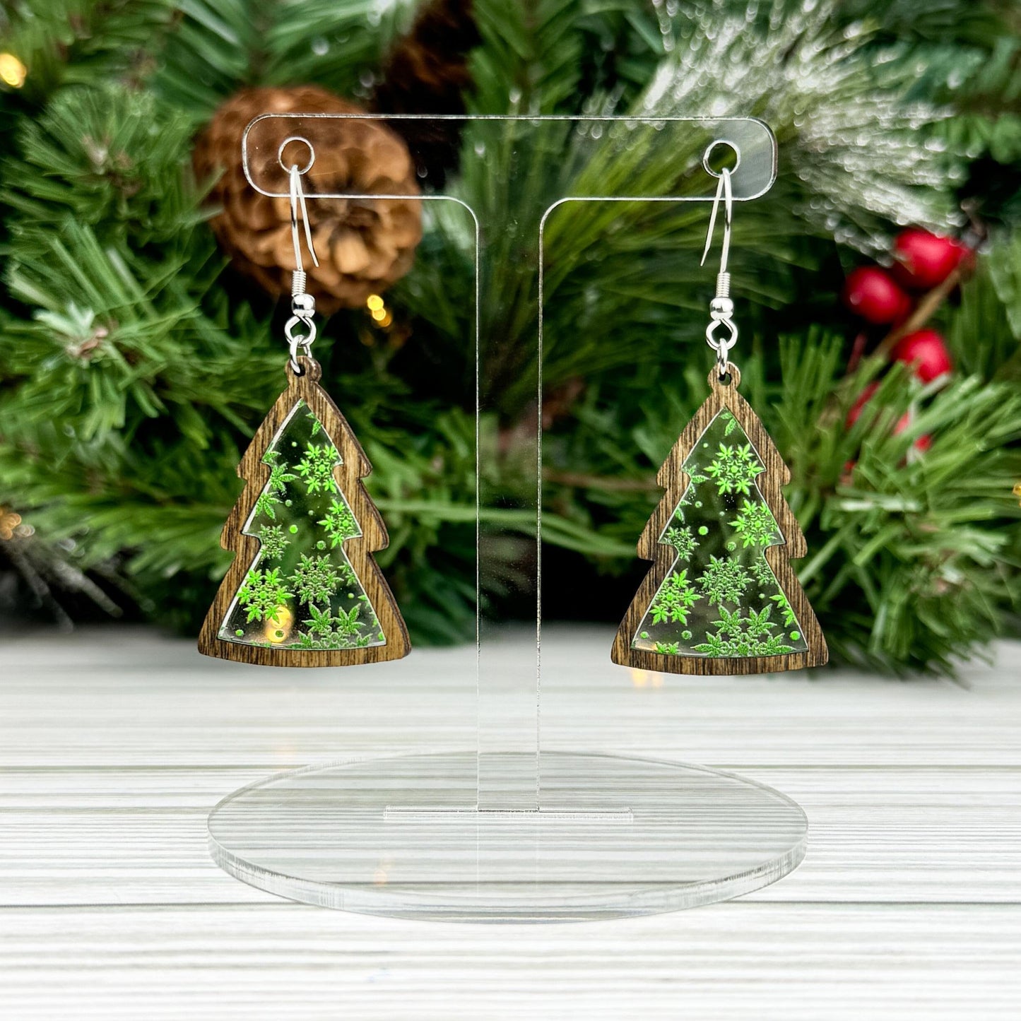 Marijuana Leaf Snowflake Print Wood and Acrylic Tree Earrings