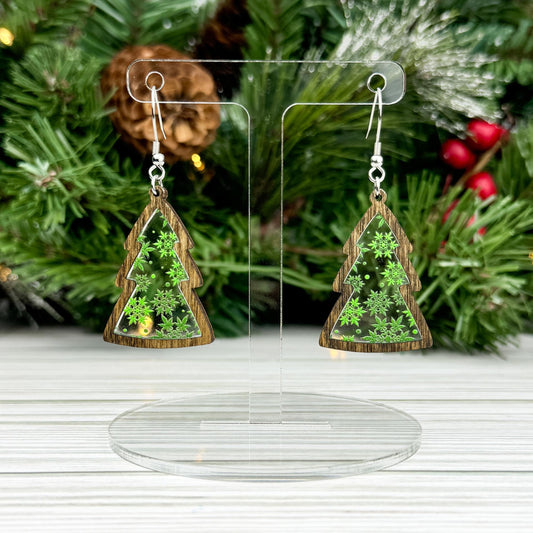 Marijuana Leaf Snowflake Print Wood and Acrylic Tree Earrings
