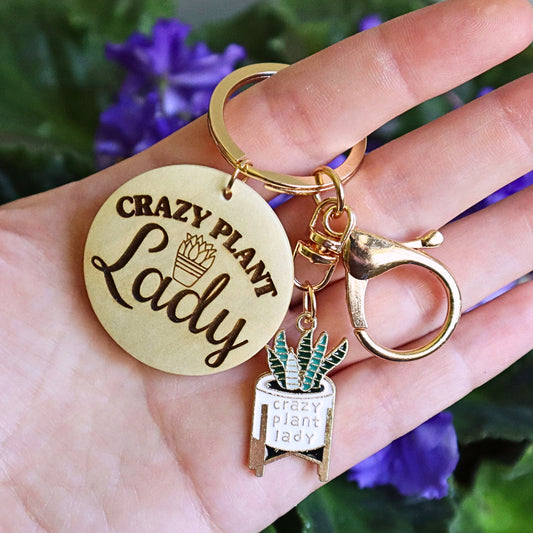 Crazy Plant Lady Keychain: Enamel Snake Plant Charm with Engraved Wood Disc