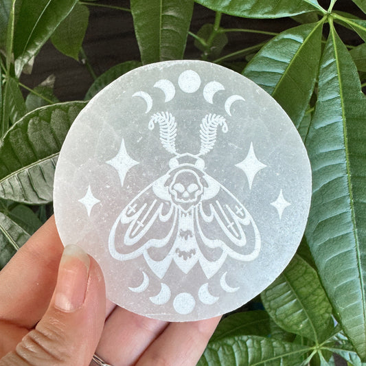 Death Head Moth Etched Selenite Charging Plate