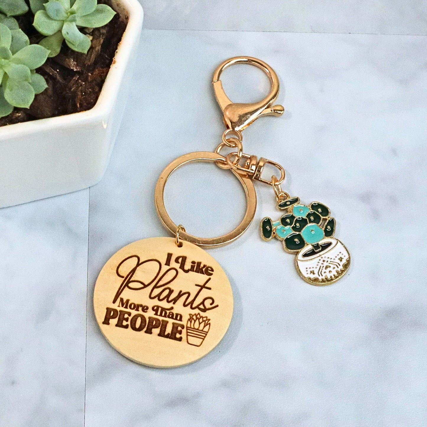 Introvert Plant Lover Keychain: Enamel Pilea Charm & Engraved Wood Disc