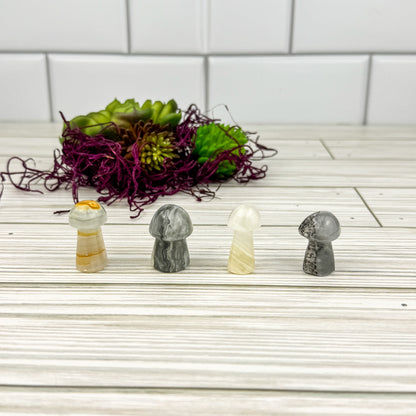 Banded Calcite Mini Mushroom - Gray & White Stone Carvings