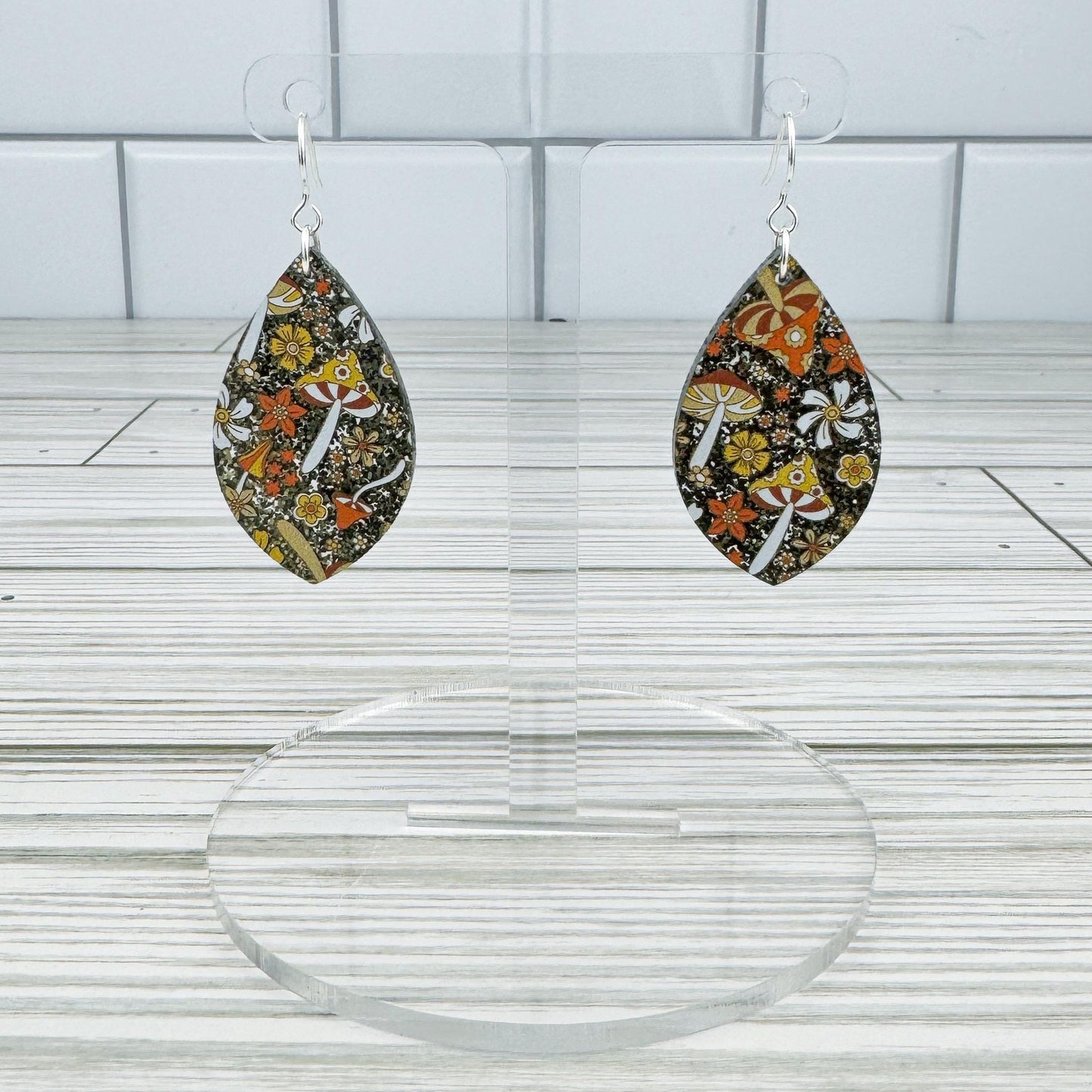 Black Glitter Mushroom Print Teardrop Acrylic Earrings
