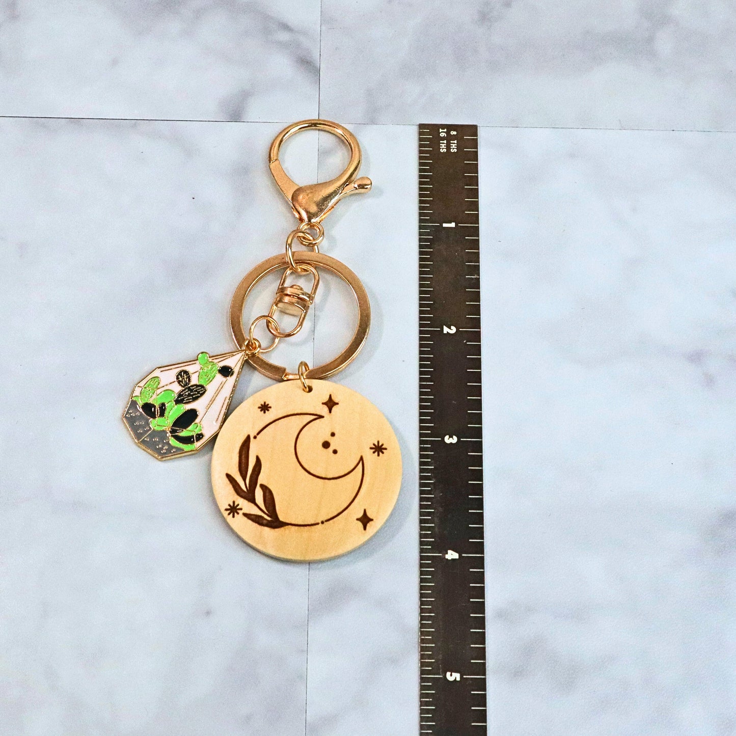 Moon and Plant Keychain: Cactus Terrarium Charm & Engraved Wood Disc
