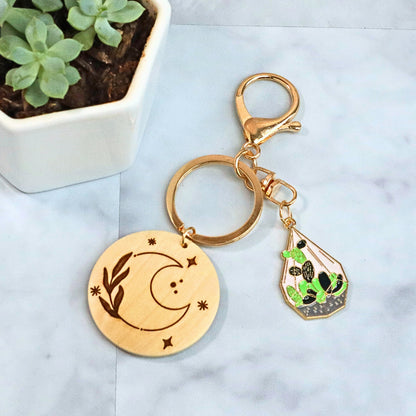 Moon and Plant Keychain: Cactus Terrarium Charm & Engraved Wood Disc