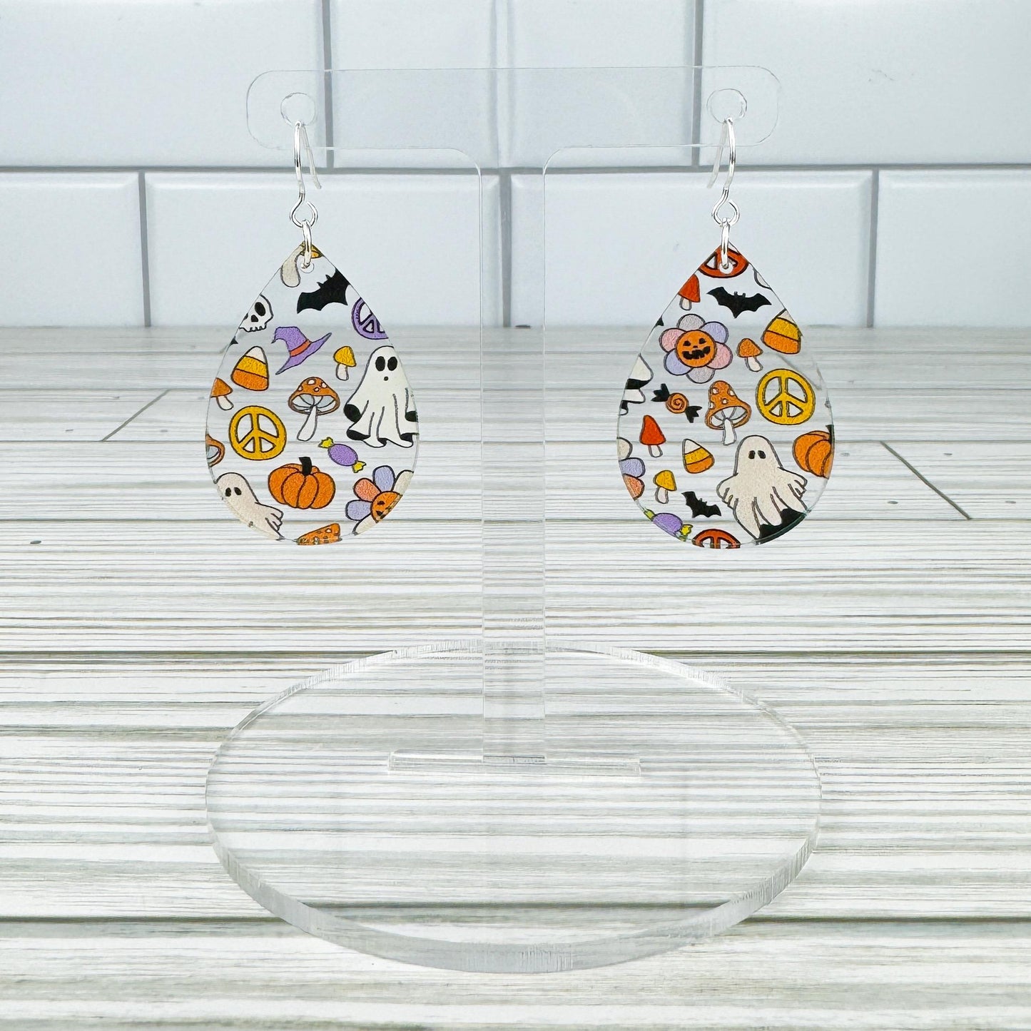 Groovy Halloween Print Teardrop Acrylic Earrings