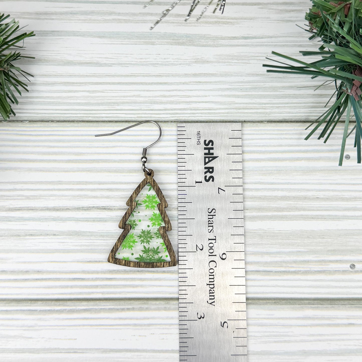 Marijuana Leaf Snowflake Print Wood and Acrylic Tree Earrings