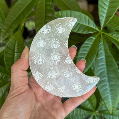 Crescent Moon Engraved Selenite Charging Plate - 4" Satin Spar Carving
