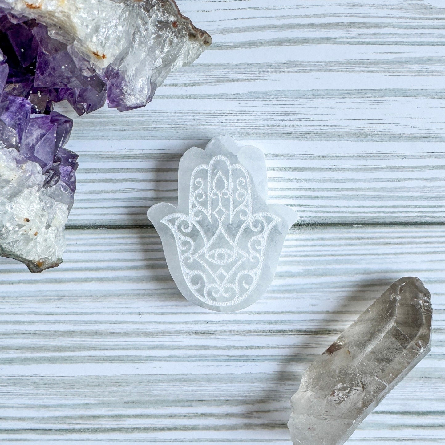 Engraved Selenite Hamsa - 2" Satin Spar Carving