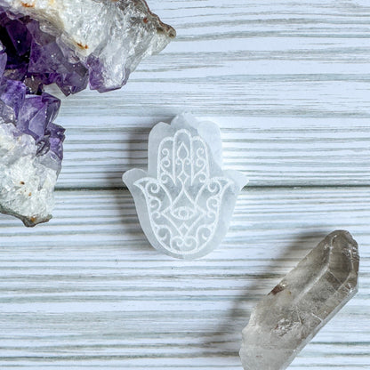 Engraved Selenite Hamsa - 2" Satin Spar Carving