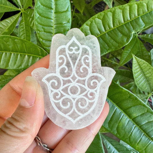 Engraved Selenite Hamsa - 2.5" Satin Spar Carving