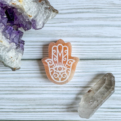 Engraved Selenite Hamsa - 2" Satin Spar Carving