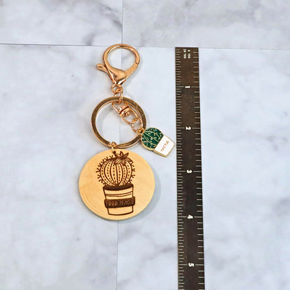 Cactus Keychain: Enamel Charm and Engraved Wood Disc