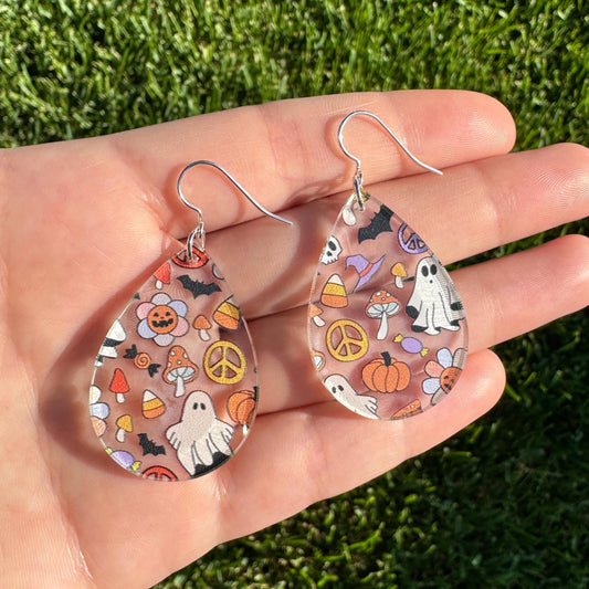 Groovy Halloween Print Teardrop Acrylic Earrings