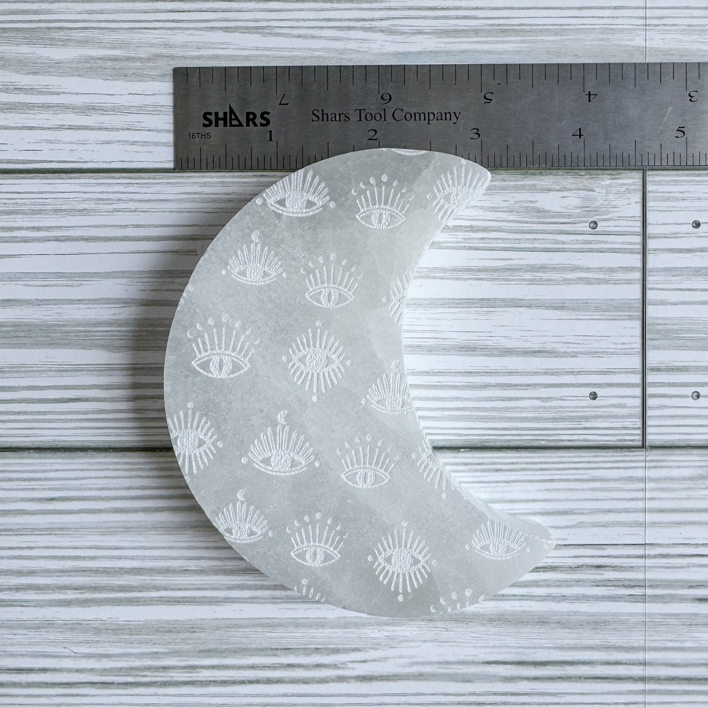 Crescent Moon Engraved Selenite Charging Plate - 4" Satin Spar Carving
