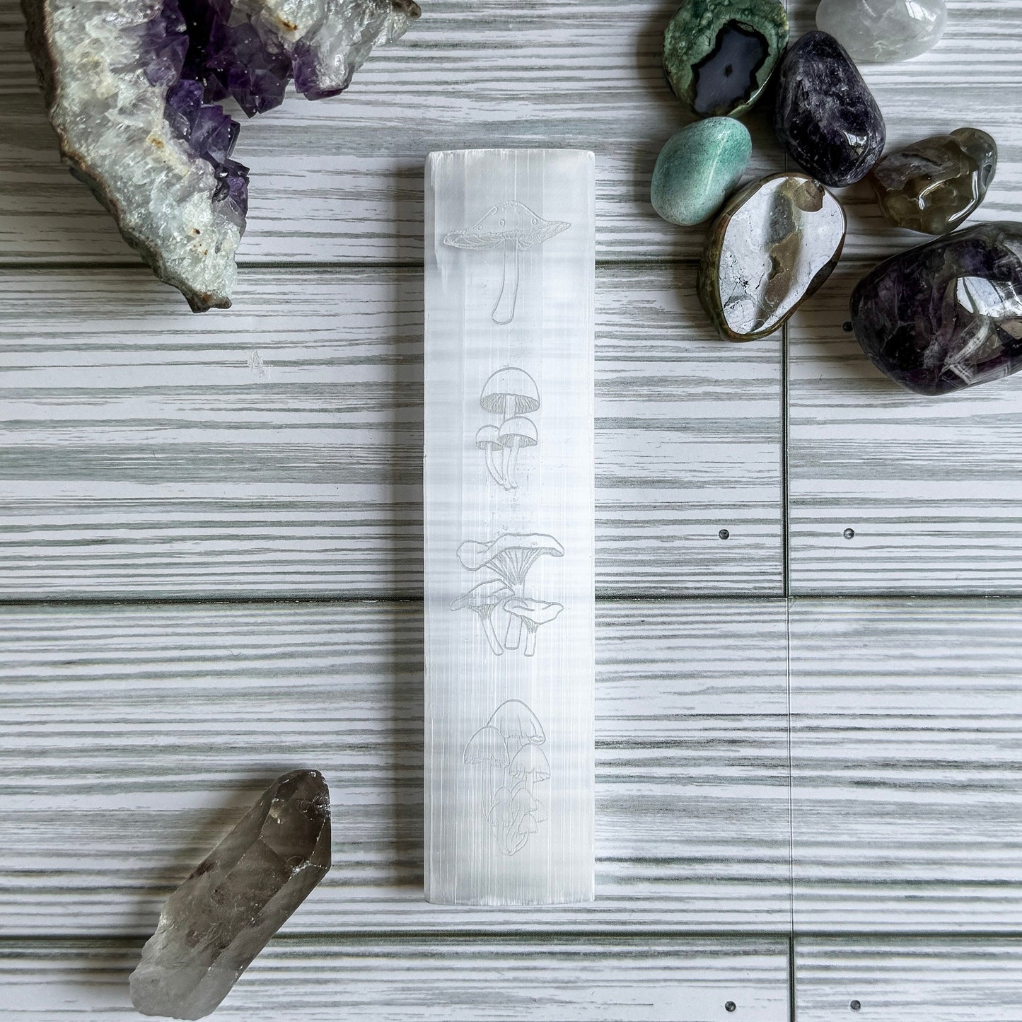 Mushroom Engraved Selenite Charging Plate - 6" Satin Spar Bar