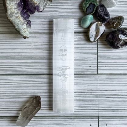 Mushroom Engraved Selenite Charging Plate - 6" Satin Spar Bar
