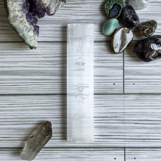 Mushroom Engraved Selenite Charging Plate - 6" Satin Spar Bar