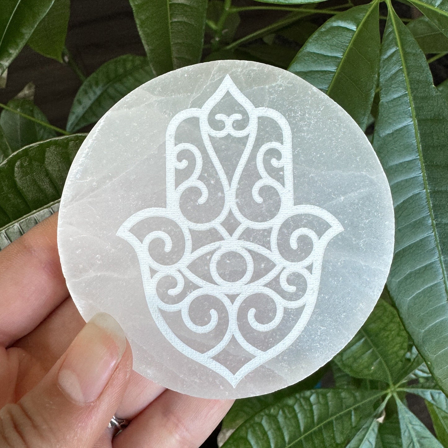 Hamsa Etched Selenite Charging Plate