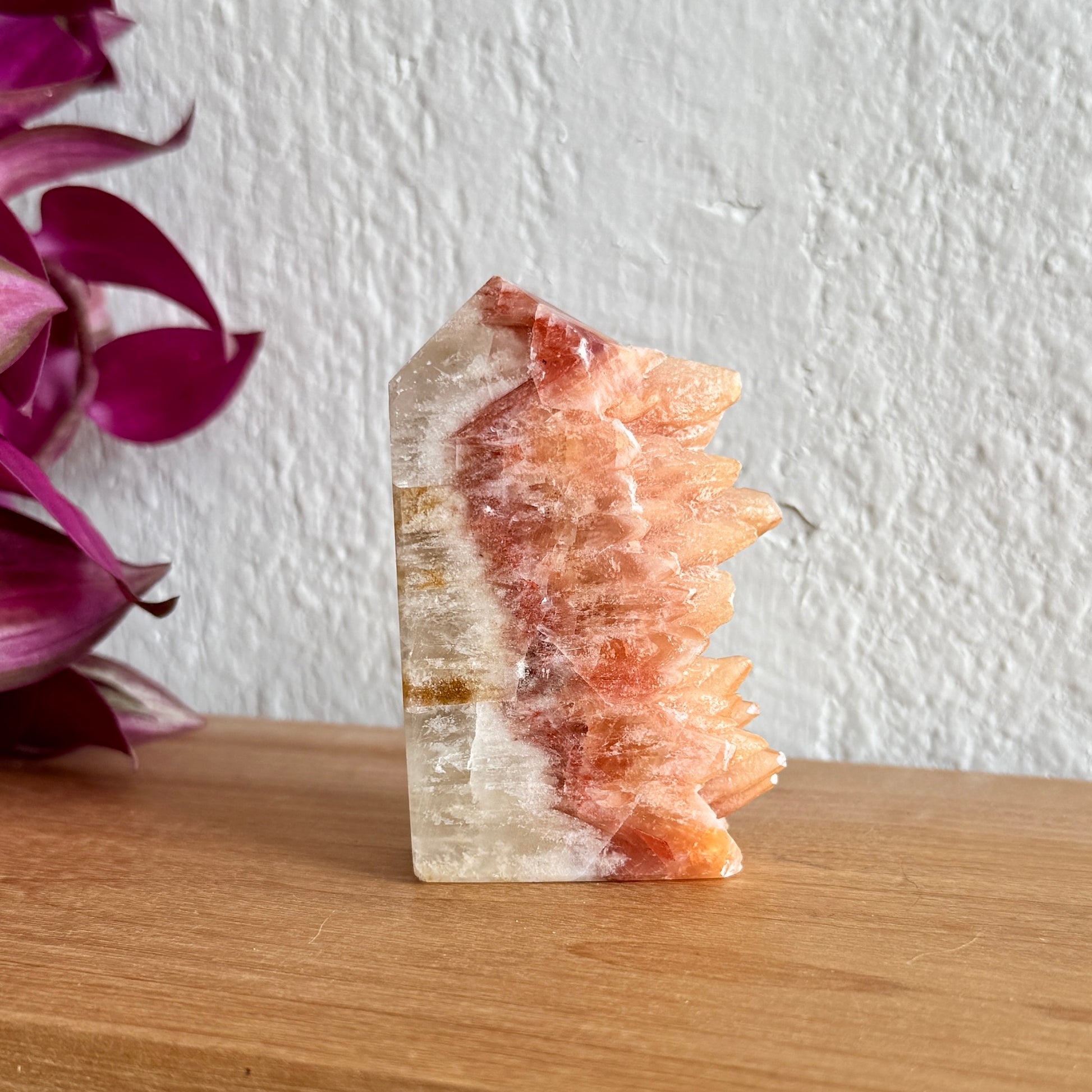 Dogtooth calcite crystal tower on a wooden surface with a white wall and purple plant in the background