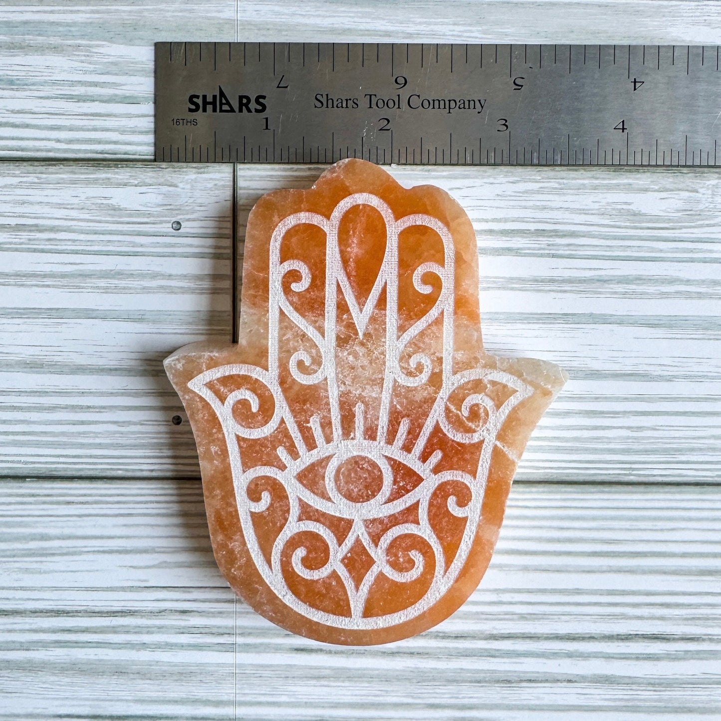 Engraved Selenite Hamsa - 4" Satin Spar Carving