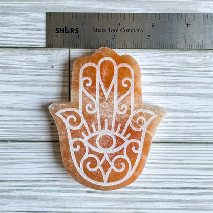 Engraved Selenite Hamsa - 4" Satin Spar Carving