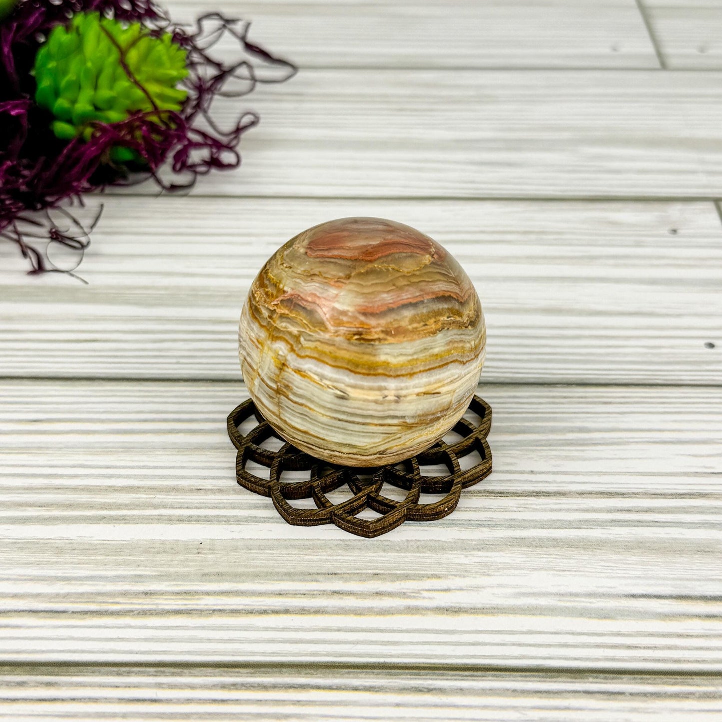 Banded Calcite Sphere - 1.8" Stone Ball with Laser Cut Stand