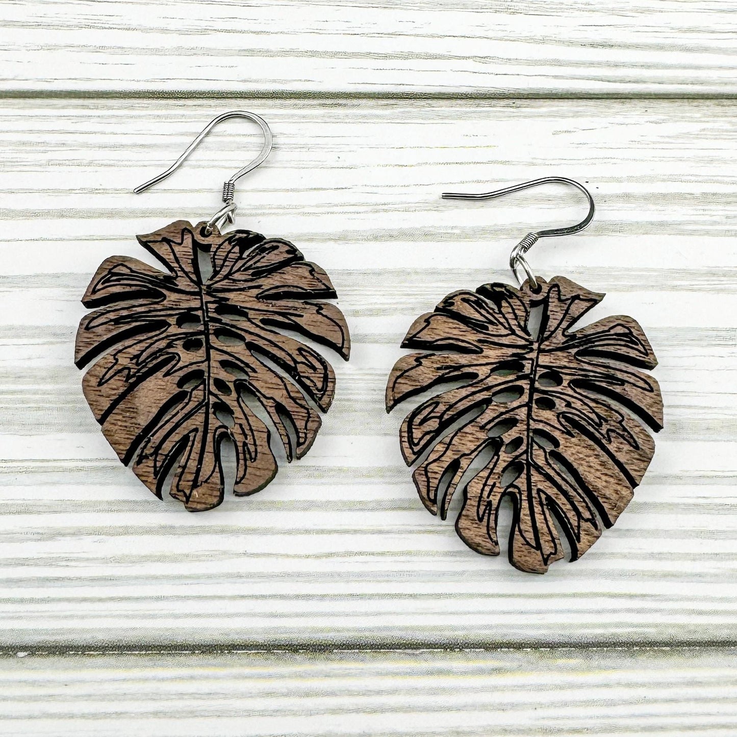 Monstera Plant Leaf Walnut Wood Dangle Earrings
