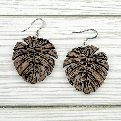Monstera Plant Leaf Walnut Wood Dangle Earrings