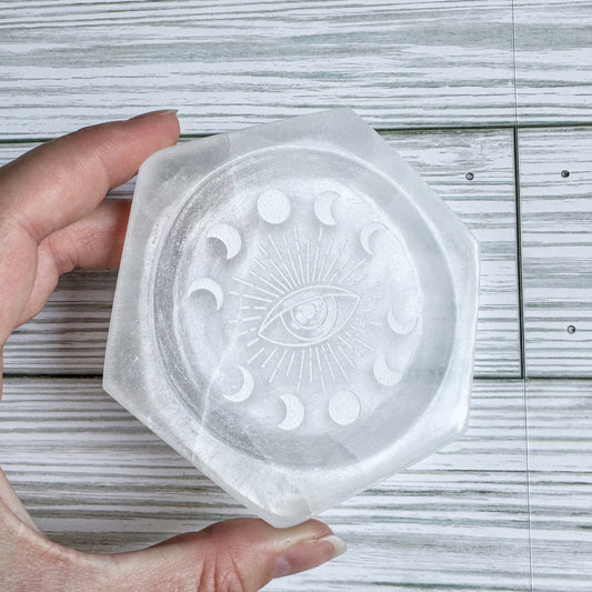 Moon Phase Eye Design Engraved Selenite Dish