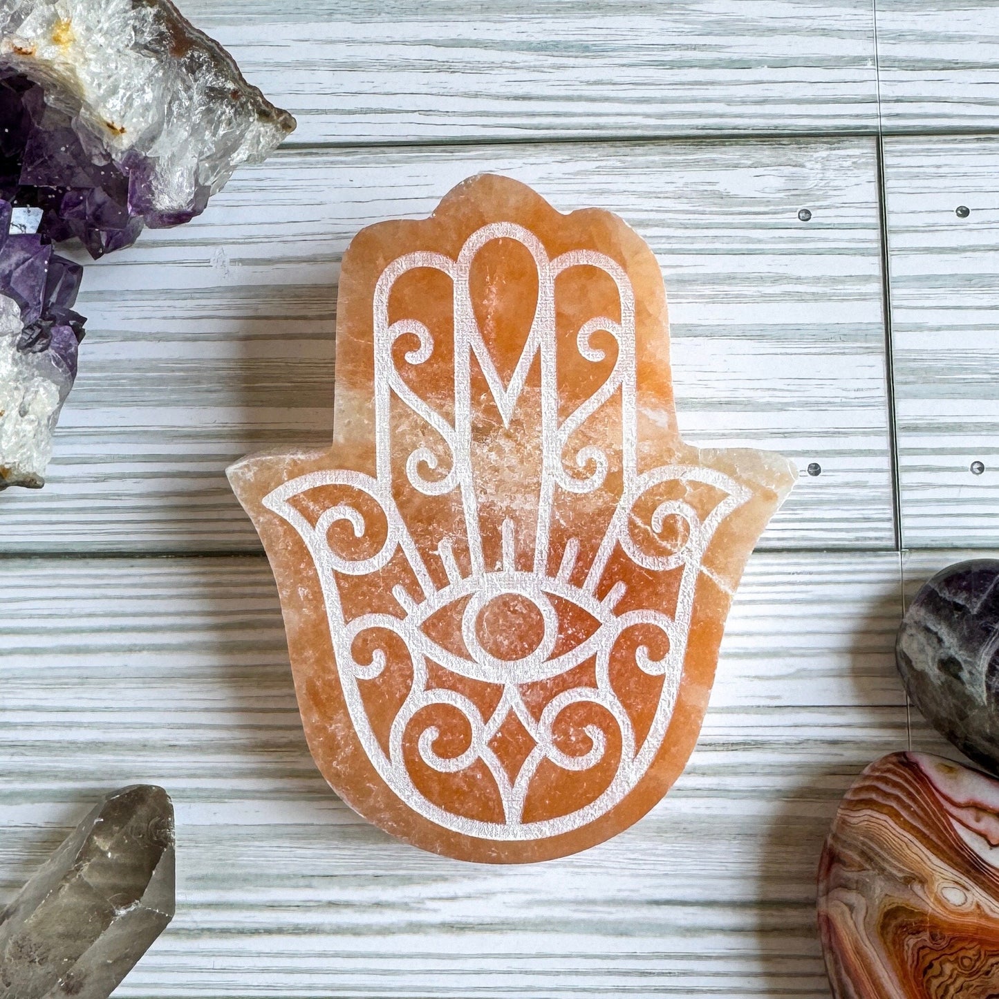 Engraved Selenite Hamsa - 4" Satin Spar Carving