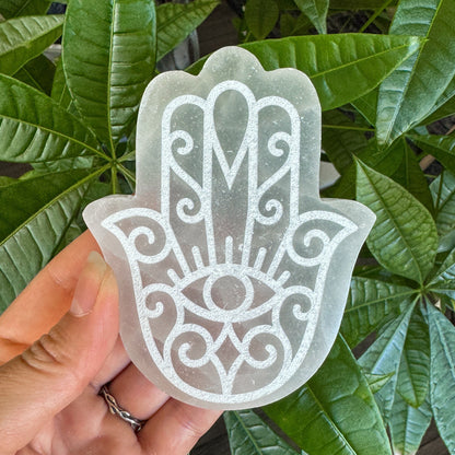 Engraved Selenite Hamsa - 4" Satin Spar Carving