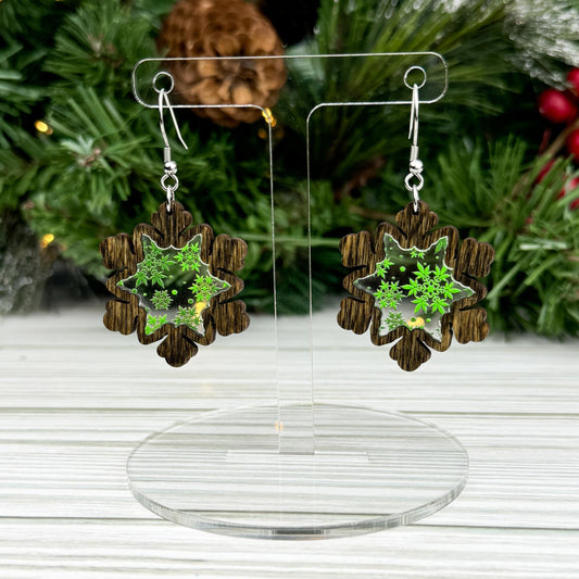Marijuana Leaf Print Wood and Acrylic Snowflake Earrings