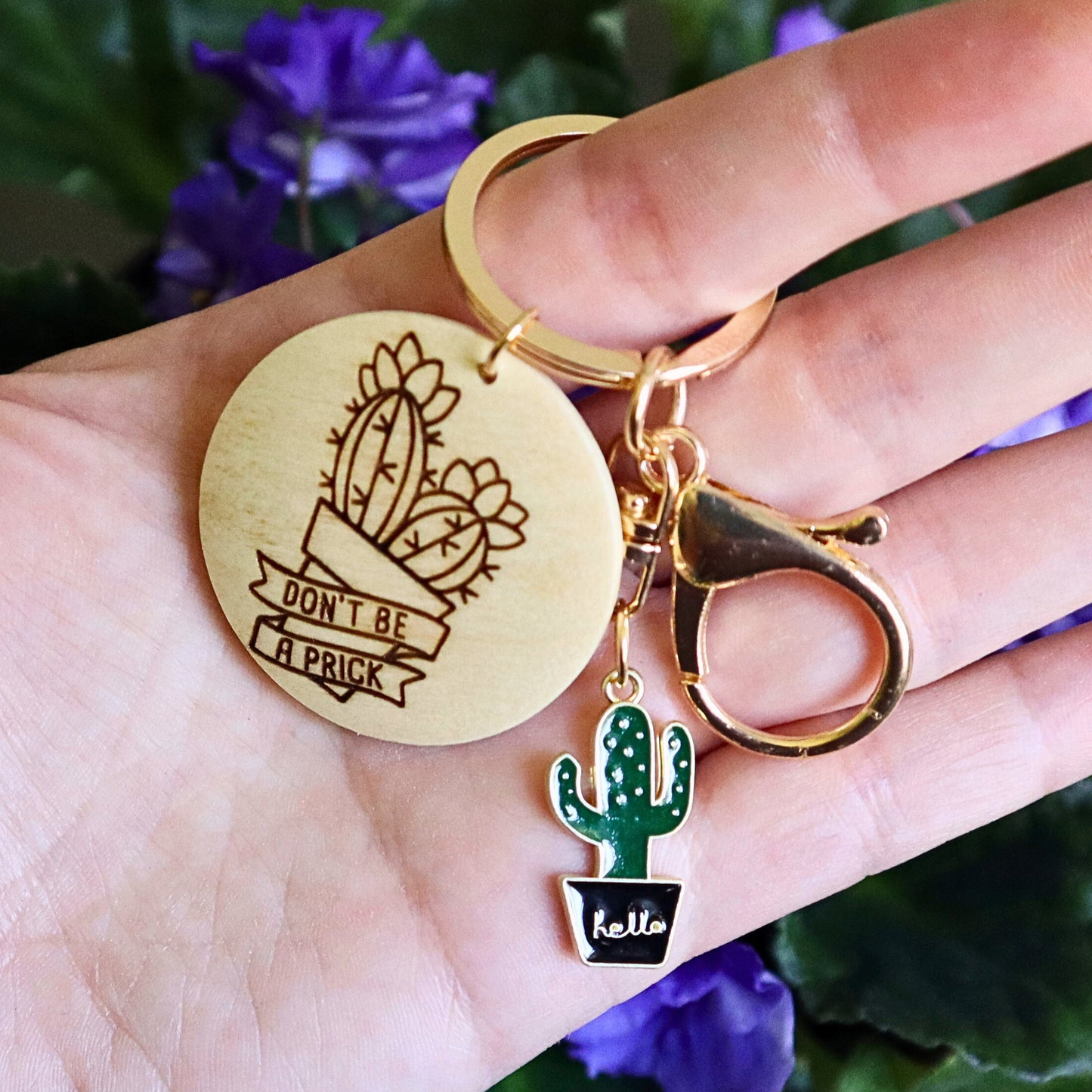 Don't Be a Prick Funny Keychain: Enamel Cactus Charm & Engraved Wood Disc