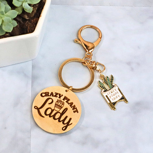 Crazy Plant Lady Keychain: Enamel Snake Plant Charm with Engraved Wood Disc