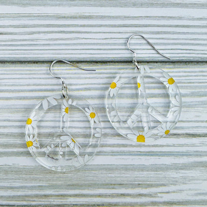 Daisy Print Peace Sign Acrylic Earrings