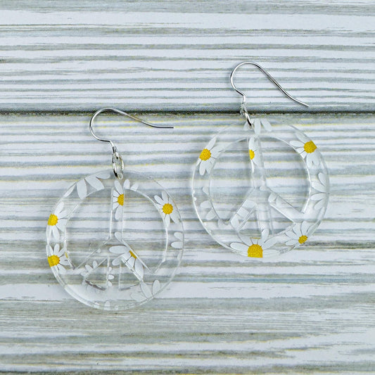 Daisy Print Peace Sign Acrylic Earrings