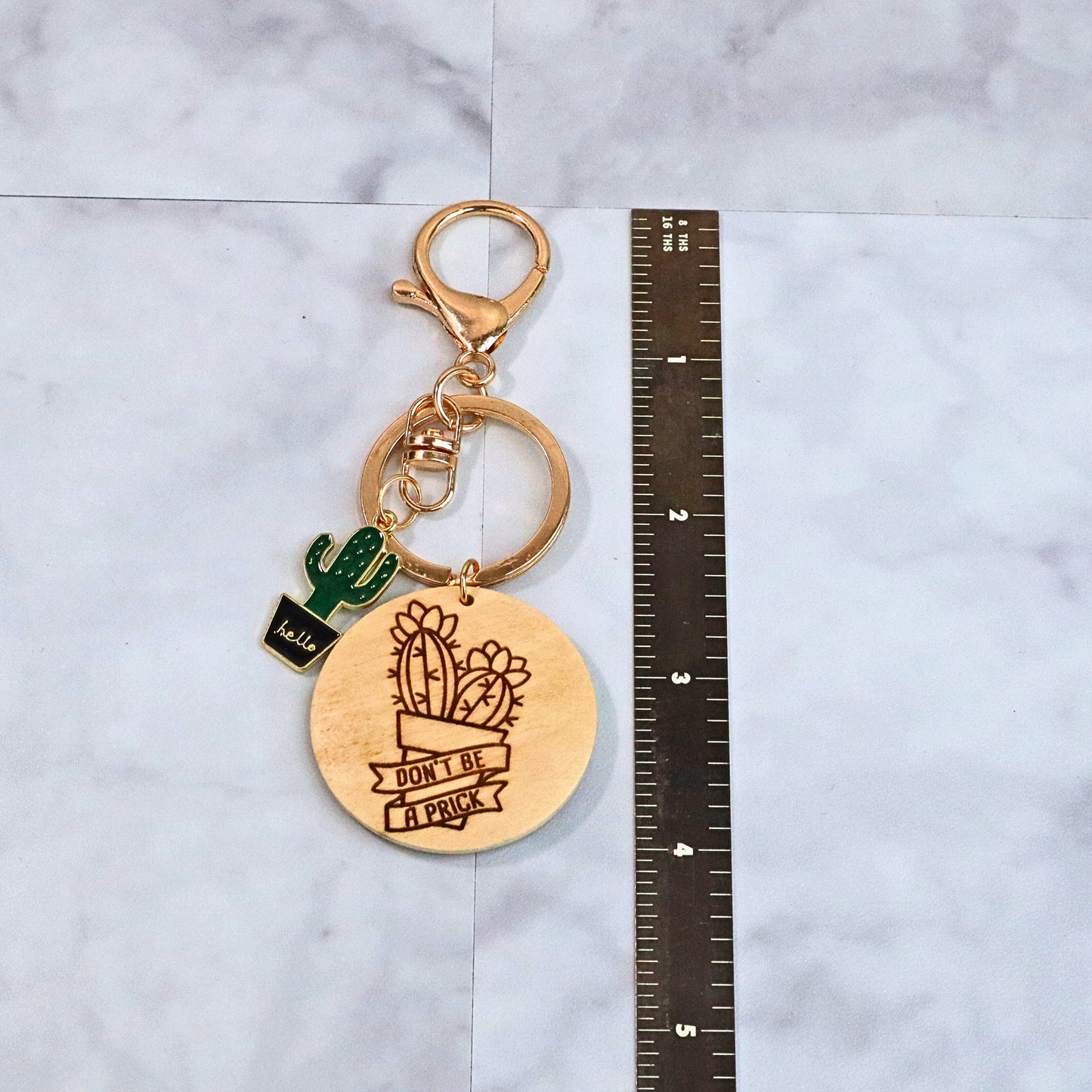 Don't Be a Prick Funny Keychain: Enamel Cactus Charm & Engraved Wood Disc