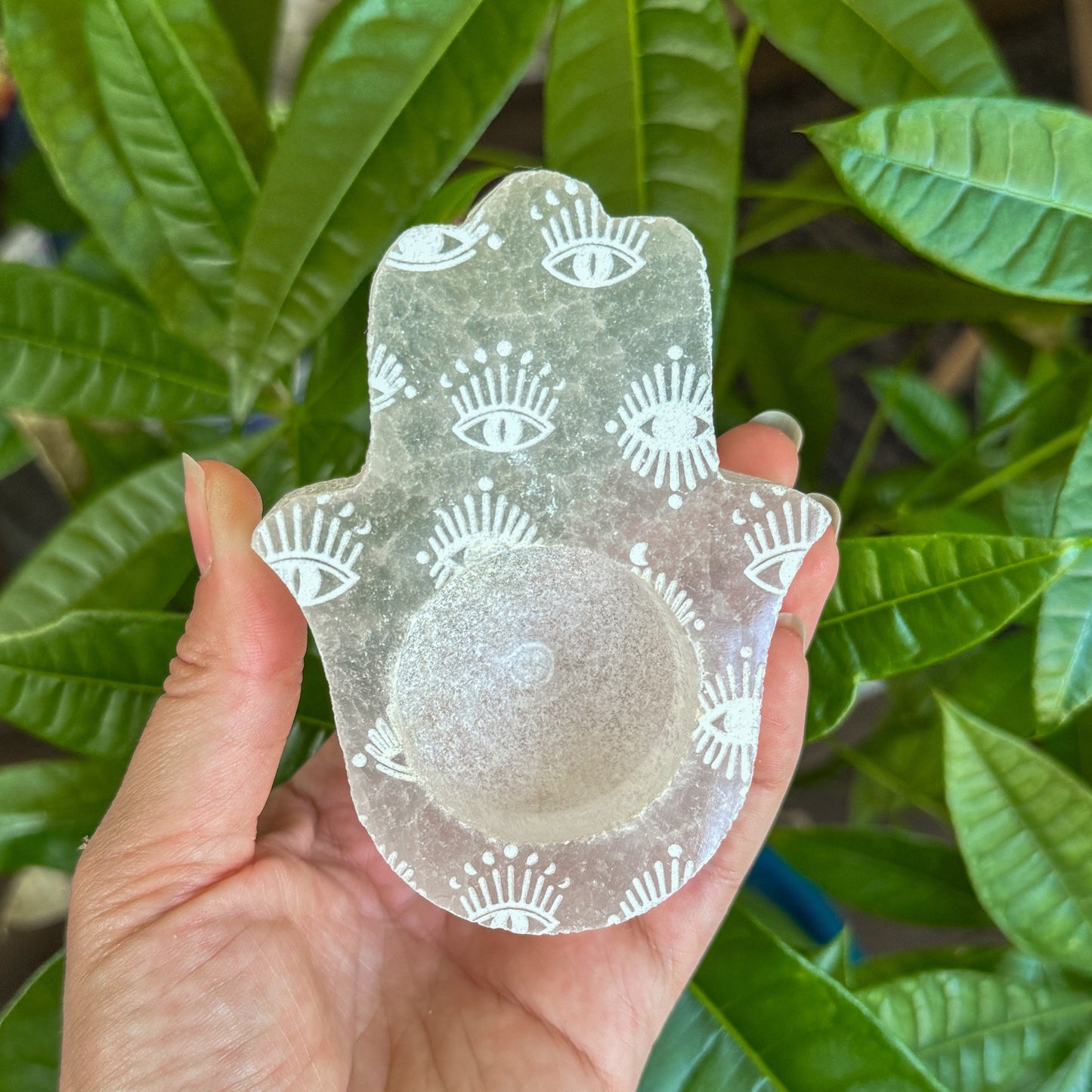 Hamsa Engraved Selenite Candle Holder