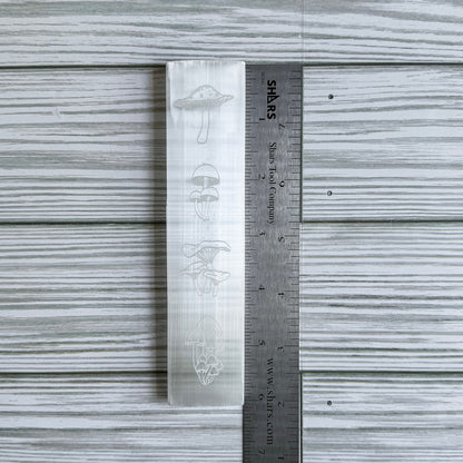 Mushroom Engraved Selenite Charging Plate - 6" Satin Spar Bar