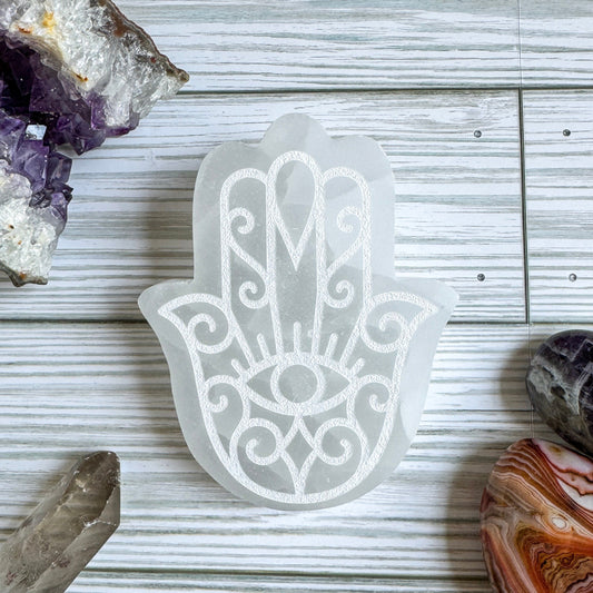 Engraved Selenite Hamsa - 4" Satin Spar Carving
