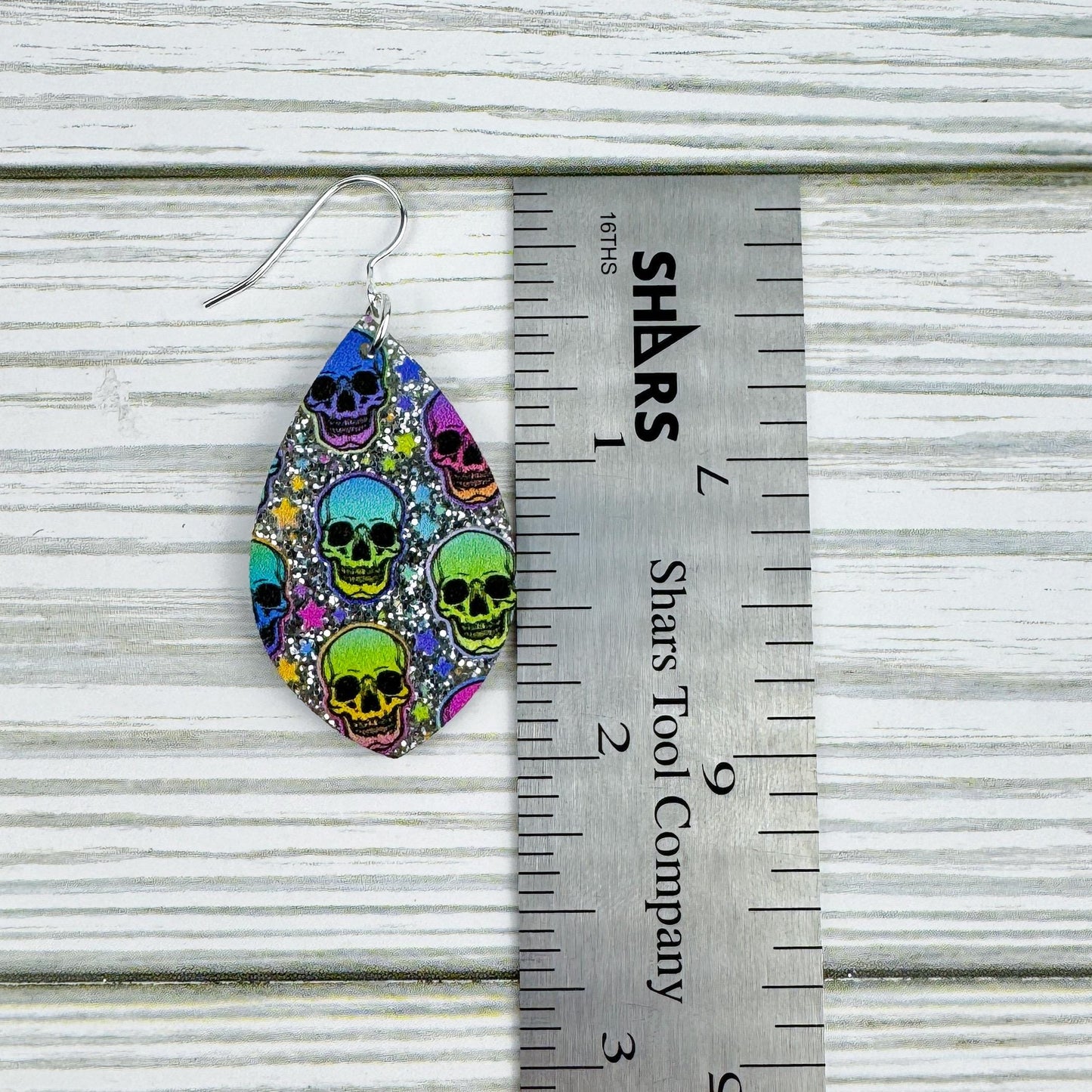 Silver Glitter Rainbow Skull Print Acrylic Earrings