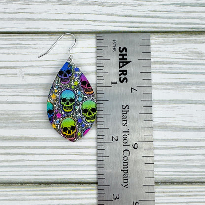 Silver Glitter Rainbow Skull Print Acrylic Earrings