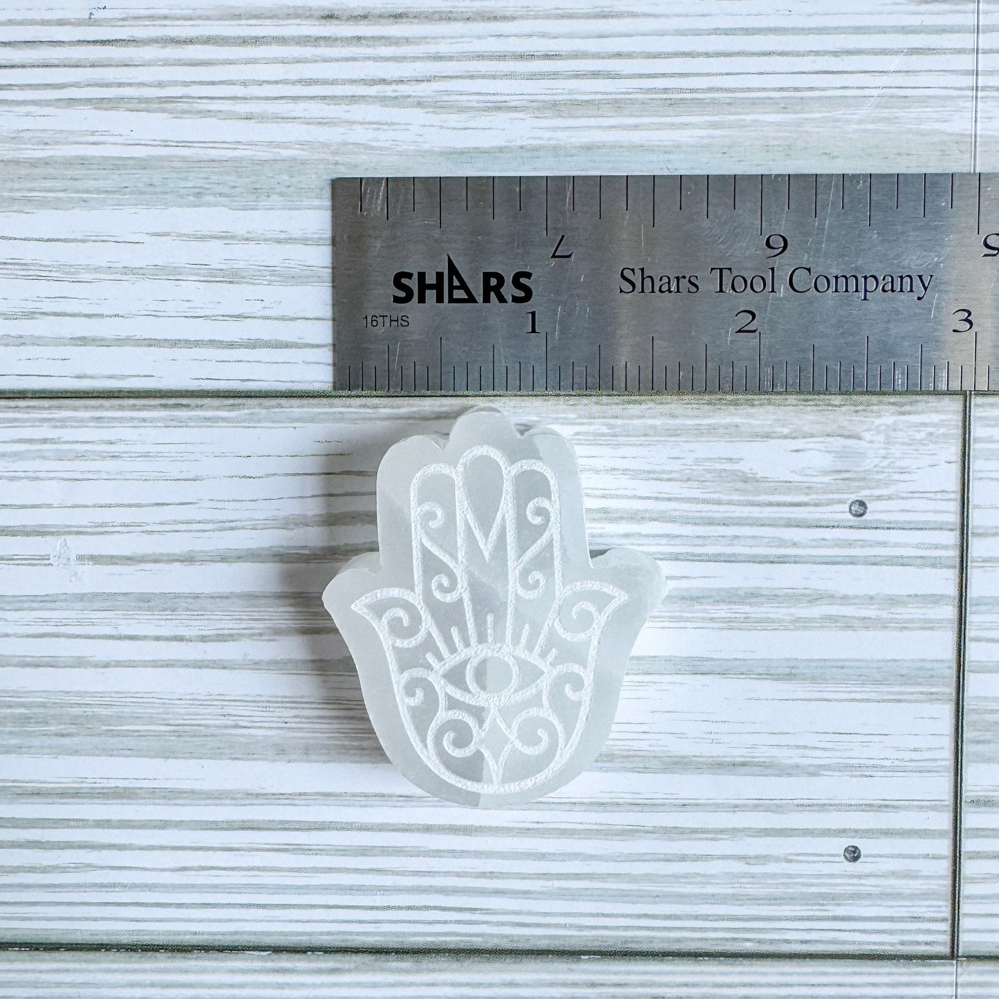 Engraved Selenite Hamsa - 2" Satin Spar Carving