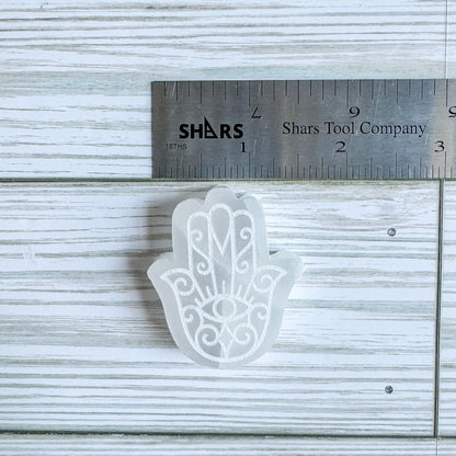 Engraved Selenite Hamsa - 2" Satin Spar Carving
