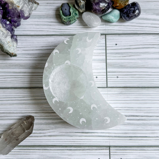 Crescent Moon Engraved Selenite Candle Holder