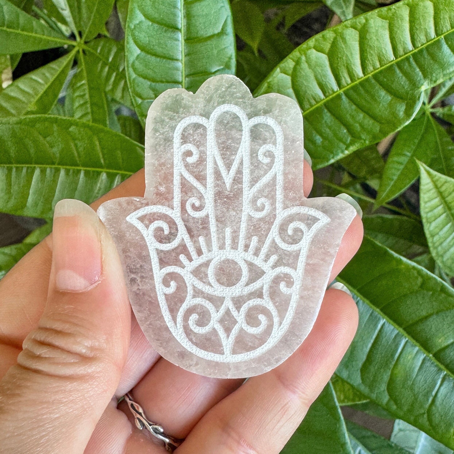Engraved Selenite Hamsa - 2.5" Satin Spar Carving