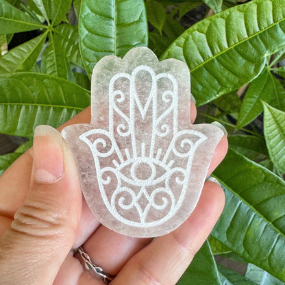 Engraved Selenite Hamsa - 2.5" Satin Spar Carving