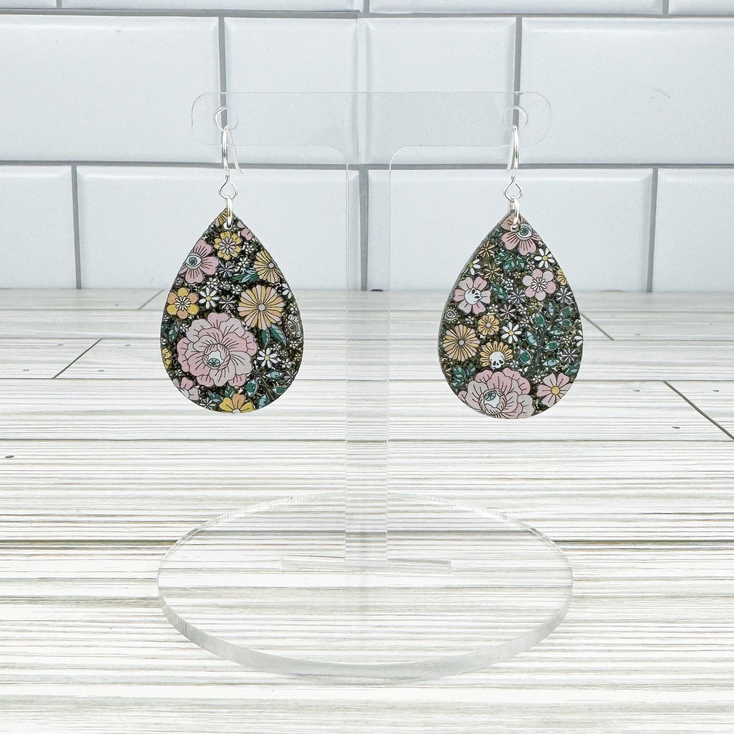 Glittery Floral Eyeball Print Acrylic Teardrop Earrings