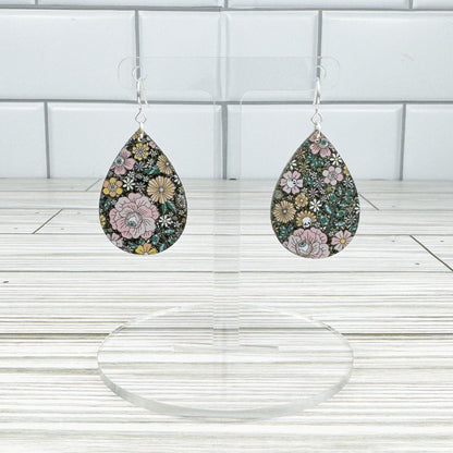 Glittery Floral Eyeball Print Acrylic Teardrop Earrings